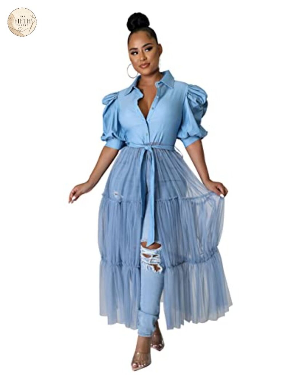 Ruffle One-Shoulder Asymmetrical High-Low Tunic Blouse with Belt